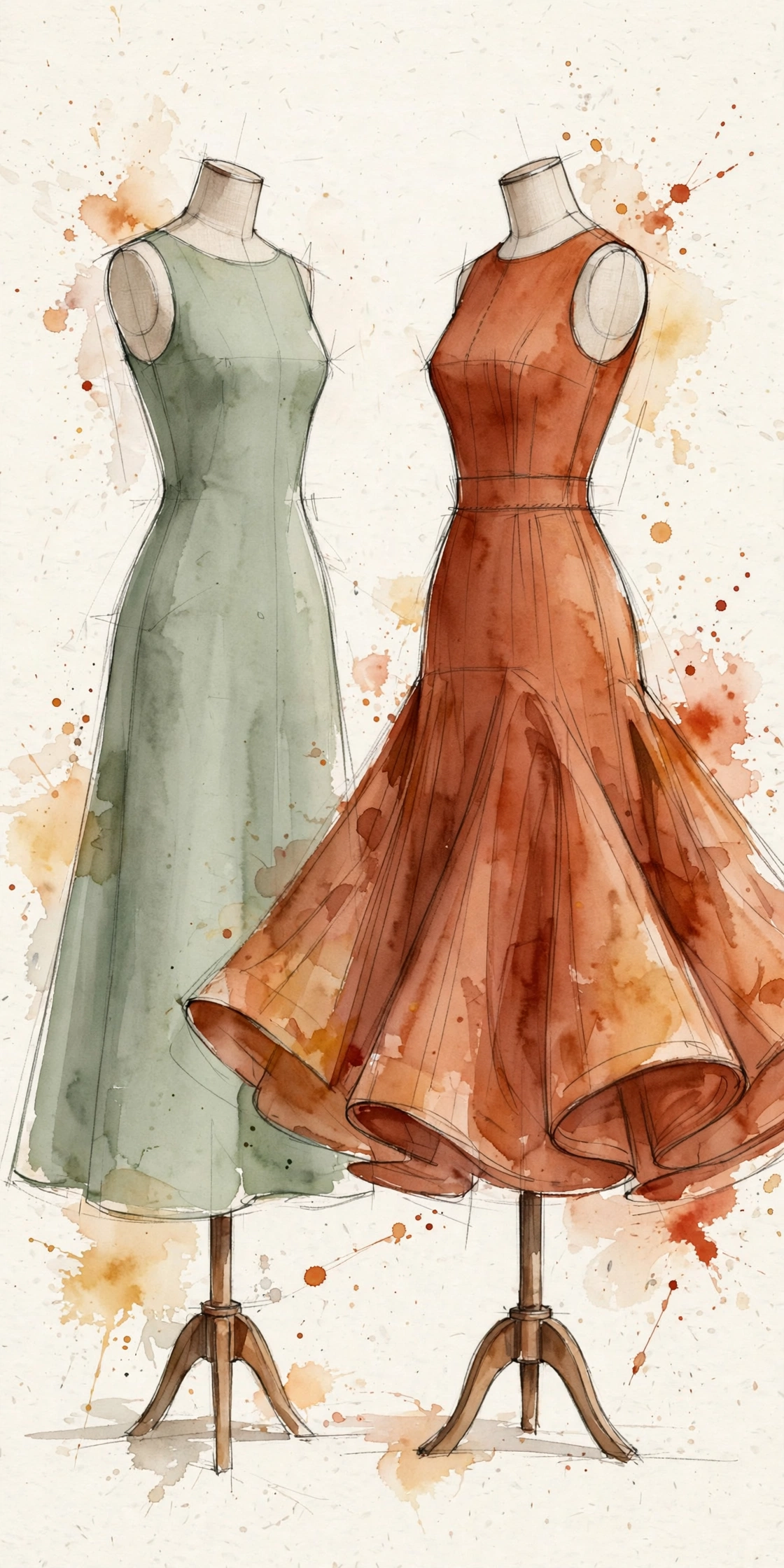 Watercolor illustration of two dresses on dressmaker stands: a sage-green A-line dress widening in one continuous line with no waist seam, beside a terracotta fit-and-flare dress with a fitted bodice, a visible waist seam, and a full flared skirt.