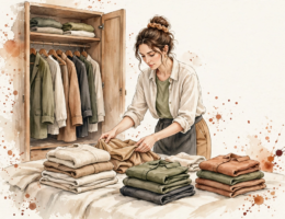 Watercolor illustration of a woman sorting clothes into three piles during a closet audit.