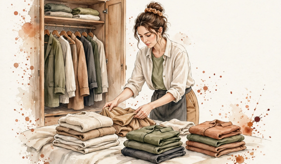Watercolor illustration of a woman sorting clothes into three piles during a closet audit.