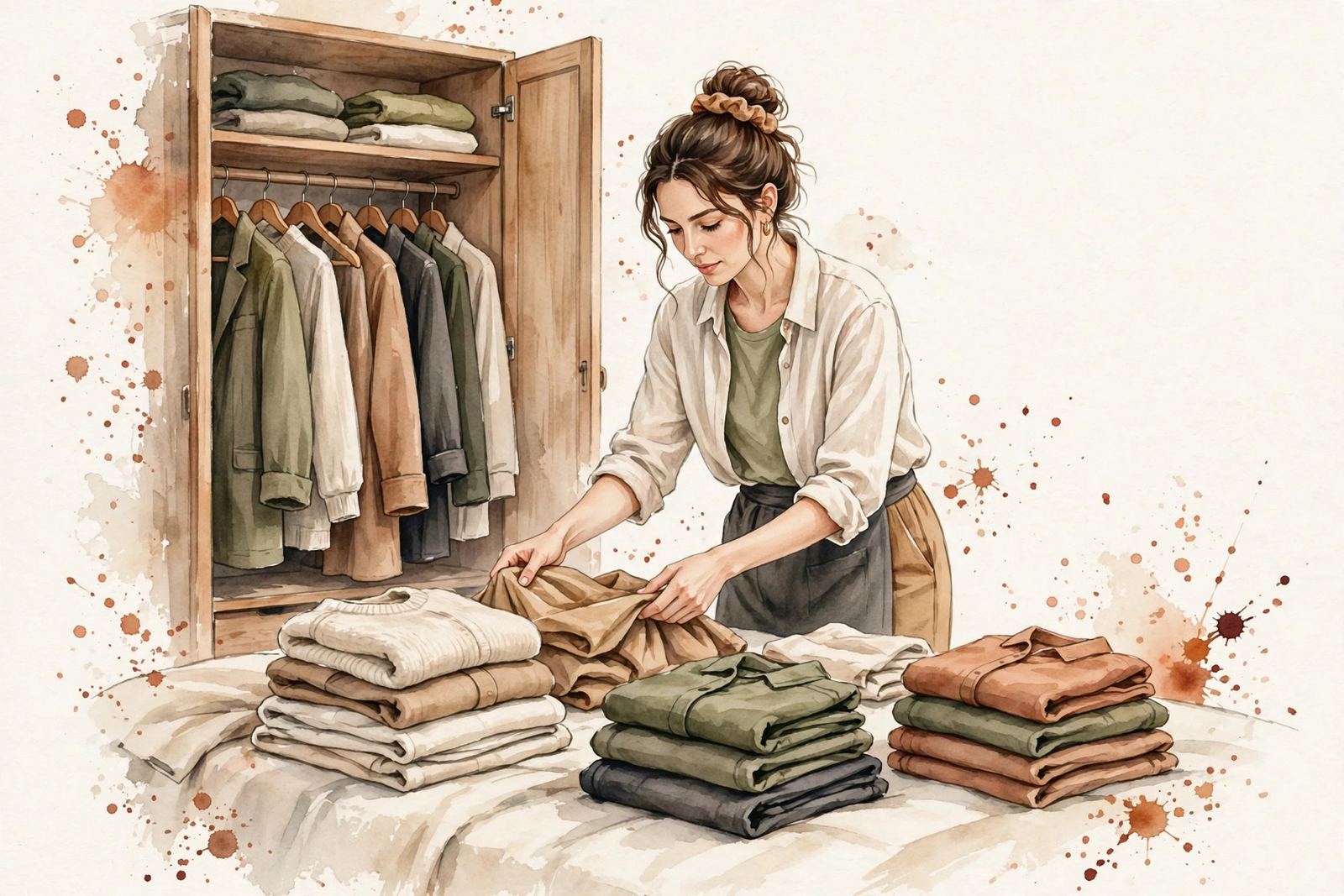 Watercolor illustration of a woman sorting clothes into three piles during a closet audit.