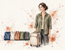 Watercolor illustration of a woman with a carry-on suitcase and five folded garments.