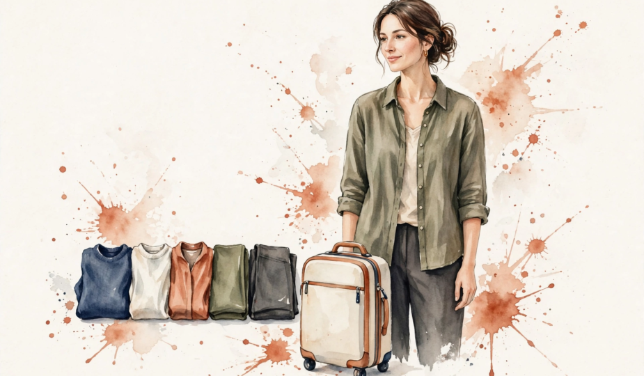 Watercolor illustration of a woman with a carry-on suitcase and five folded garments.