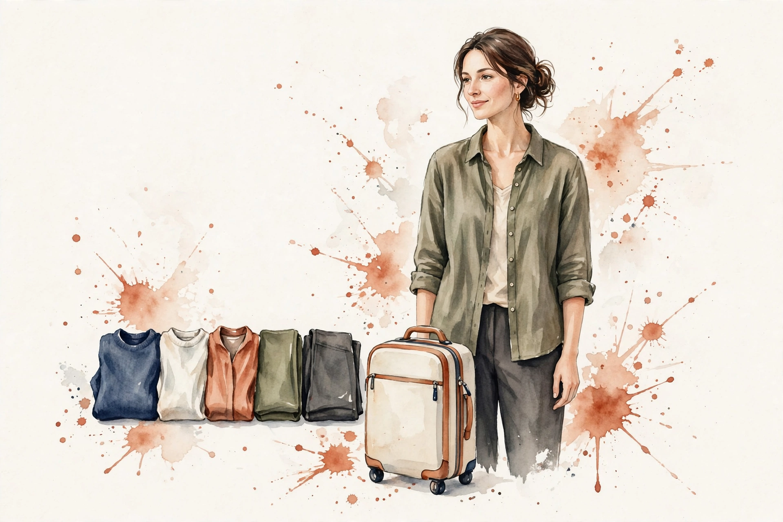 Watercolor illustration of a woman with a carry-on suitcase and five folded garments.
