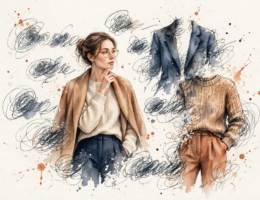 Watercolor illustration of a woman translating fashion trend words into garments.
