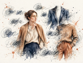 Watercolor illustration of a woman translating fashion trend words into garments.