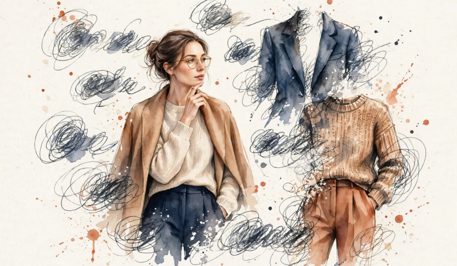 Watercolor illustration of a woman translating fashion trend words into garments.