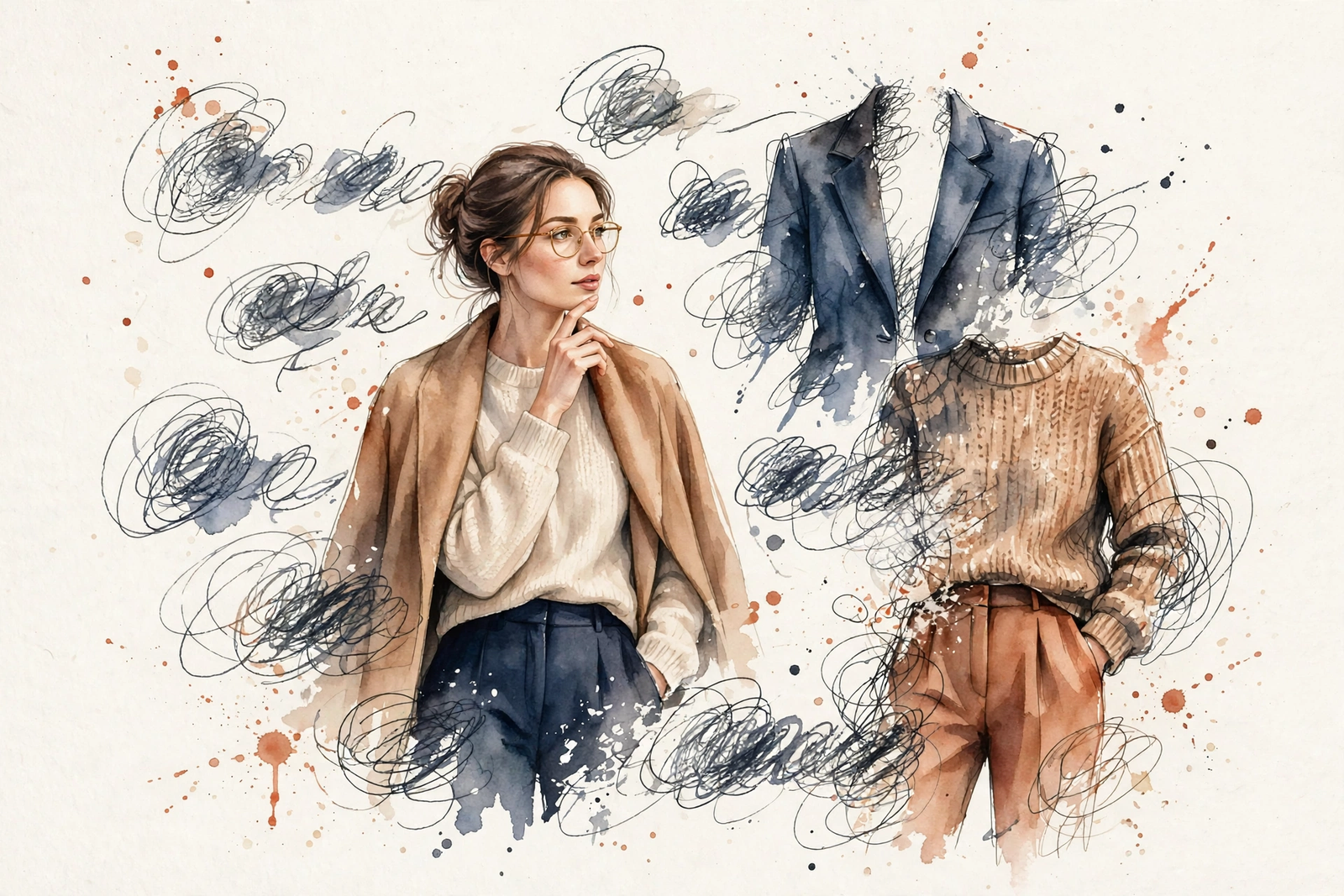 Watercolor illustration of a woman translating fashion trend words into garments.