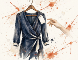 Watercolor illustration of a dress with a final-sale tag, a hand hovering.