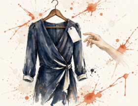 Watercolor illustration of a dress with a final-sale tag, a hand hovering.