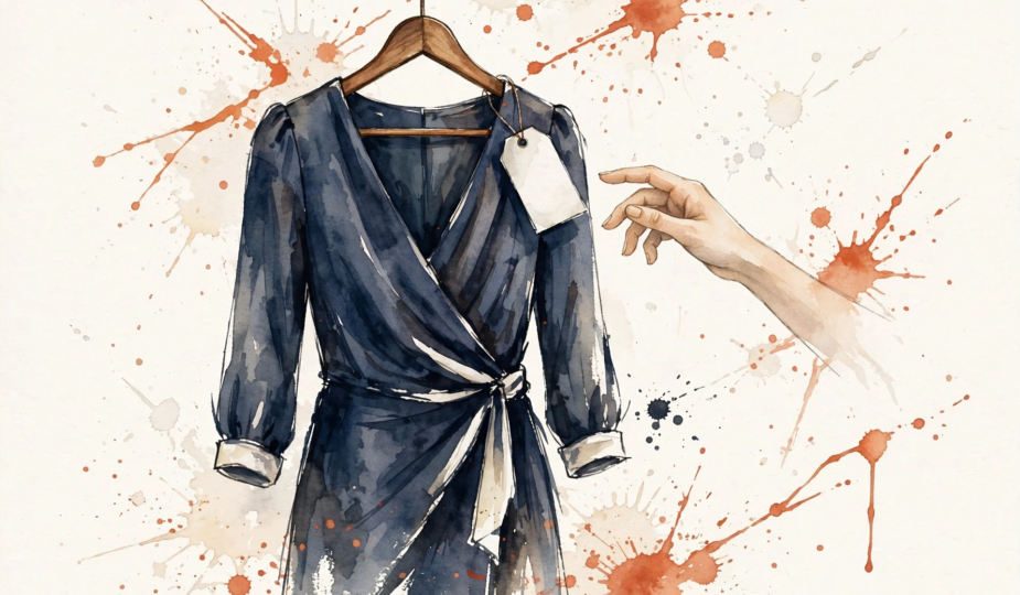 Watercolor illustration of a dress with a final-sale tag, a hand hovering.