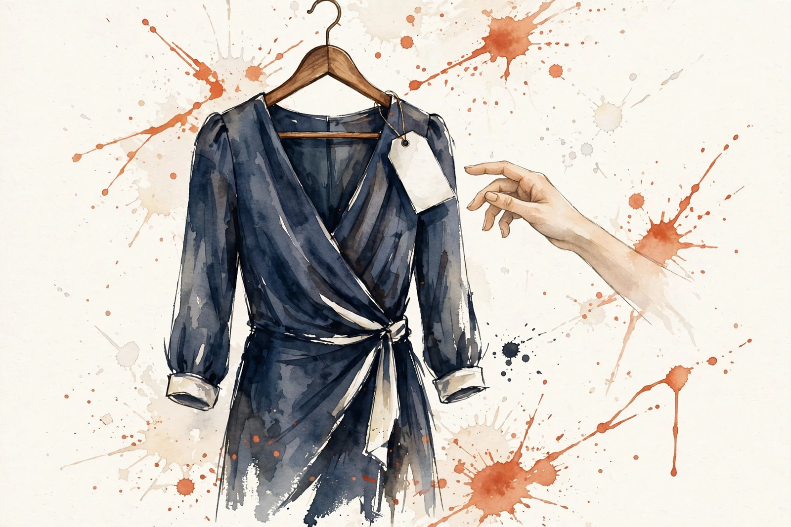 Watercolor illustration of a dress with a final-sale tag, a hand hovering.