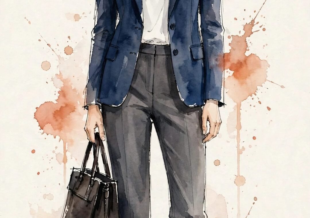 Watercolor illustration of a woman in a navy blazer, white top, and charcoal trousers with loafers and a structured tote — the anchor business-casual formula.