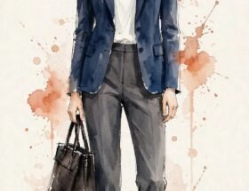 Watercolor illustration of a woman in a navy blazer, white top, and charcoal trousers with loafers and a structured tote — the anchor business-casual formula.