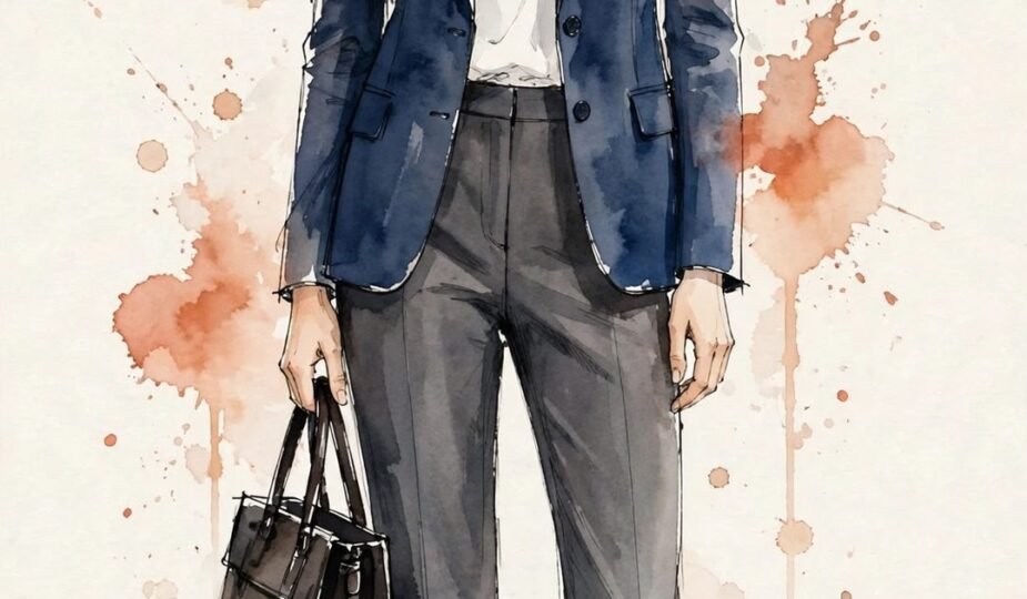 Watercolor illustration of a woman in a navy blazer, white top, and charcoal trousers with loafers and a structured tote — the anchor business-casual formula.