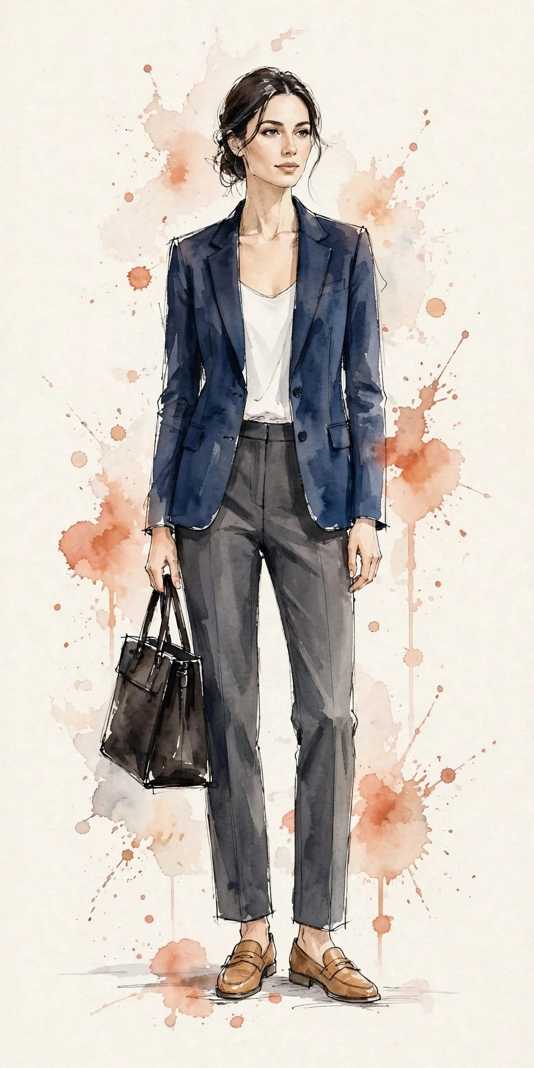 Watercolor illustration of a woman in a navy blazer, white top, and charcoal trousers with loafers and a structured tote — the anchor business-casual formula.