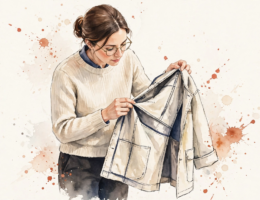 Watercolor illustration of a woman examining a garment's seam.