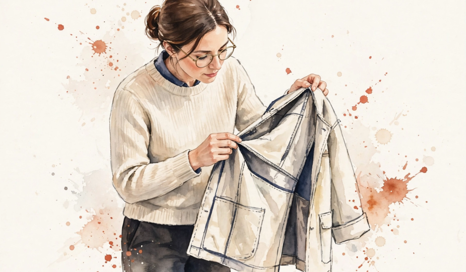 Watercolor illustration of a woman examining a garment's seam.