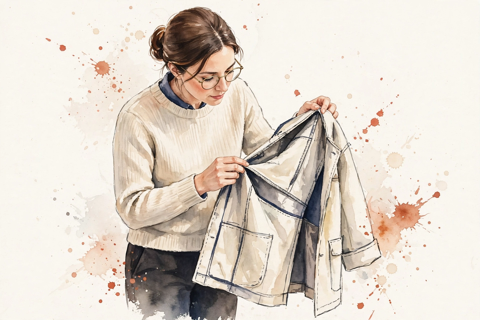 Watercolor illustration of a woman examining a garment's seam.
