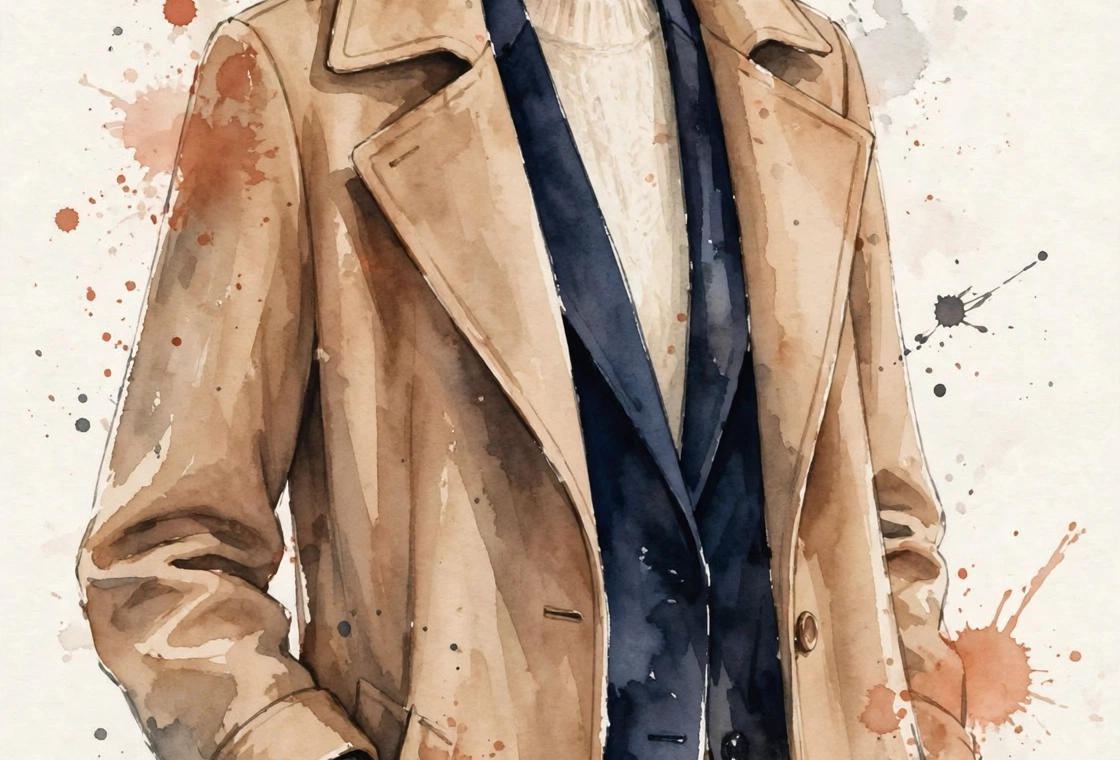 Watercolor illustration of a woman in a three-layer outfit: camel coat, navy blazer, cream knit.