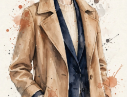 Watercolor illustration of a woman in a three-layer outfit: camel coat, navy blazer, cream knit.