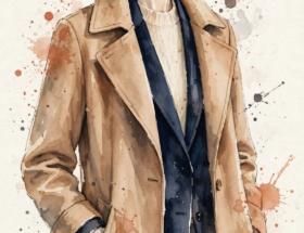 Watercolor illustration of a woman in a three-layer outfit: camel coat, navy blazer, cream knit.