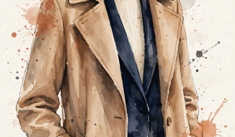 Watercolor illustration of a woman in a three-layer outfit: camel coat, navy blazer, cream knit.
