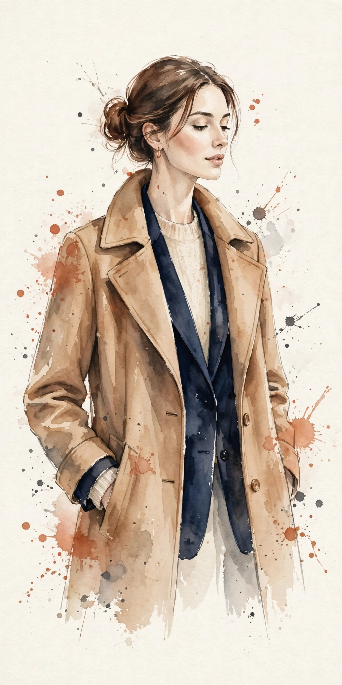 Watercolor illustration of a woman in a three-layer outfit: camel coat, navy blazer, cream knit.