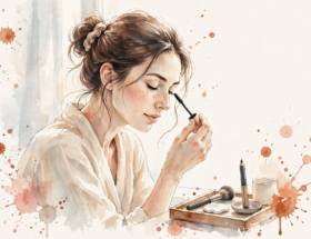 Watercolor illustration of a woman doing her morning makeup in soft window light.