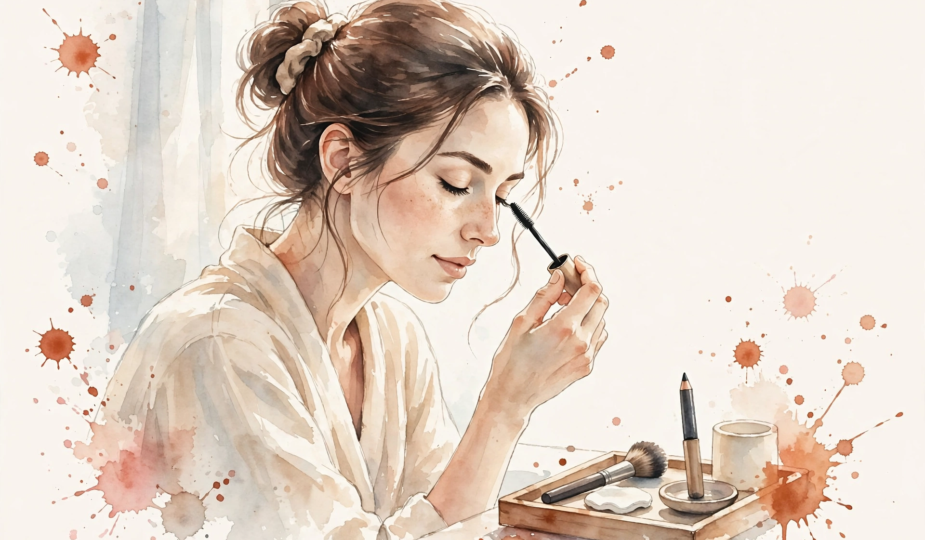Watercolor illustration of a woman doing her morning makeup in soft window light.