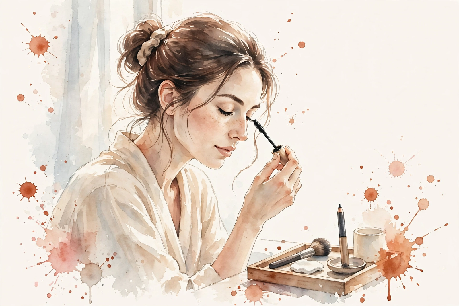Watercolor illustration of a woman doing her morning makeup in soft window light.