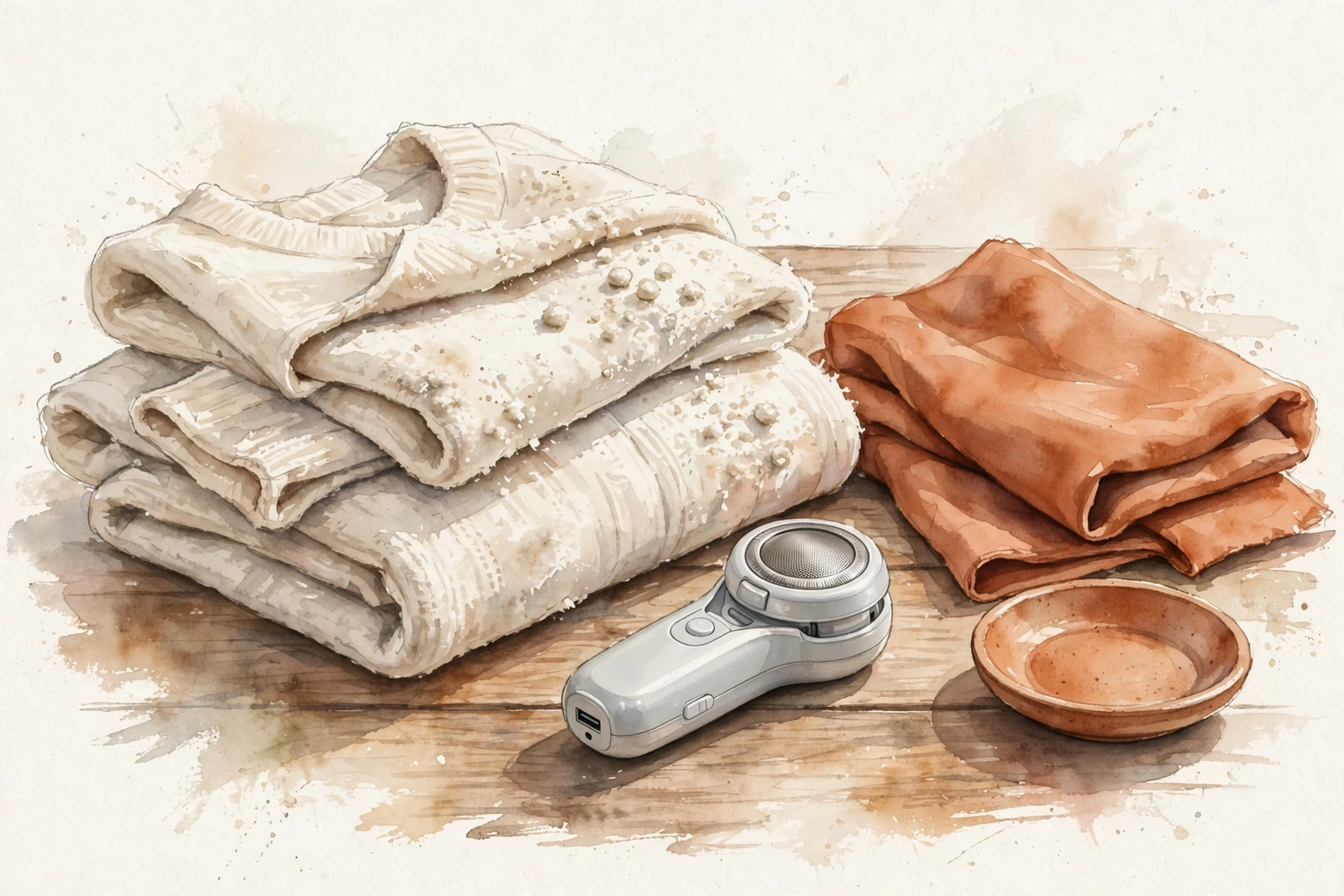 Watercolor illustration of a folded cream sweater covered in pills, beside an electric fabric shaver.