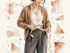Watercolor illustration of a woman measuring herself with a tape measure.