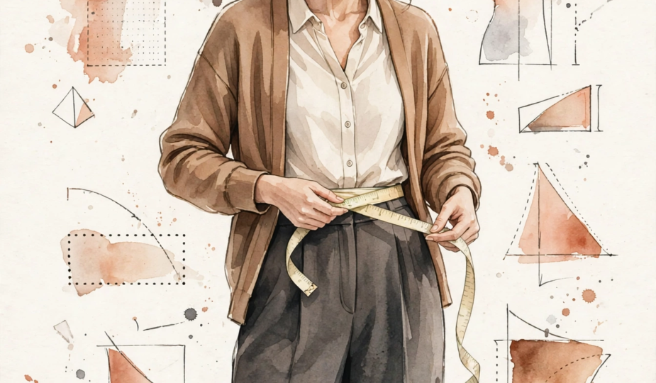 Watercolor illustration of a woman measuring herself with a tape measure.