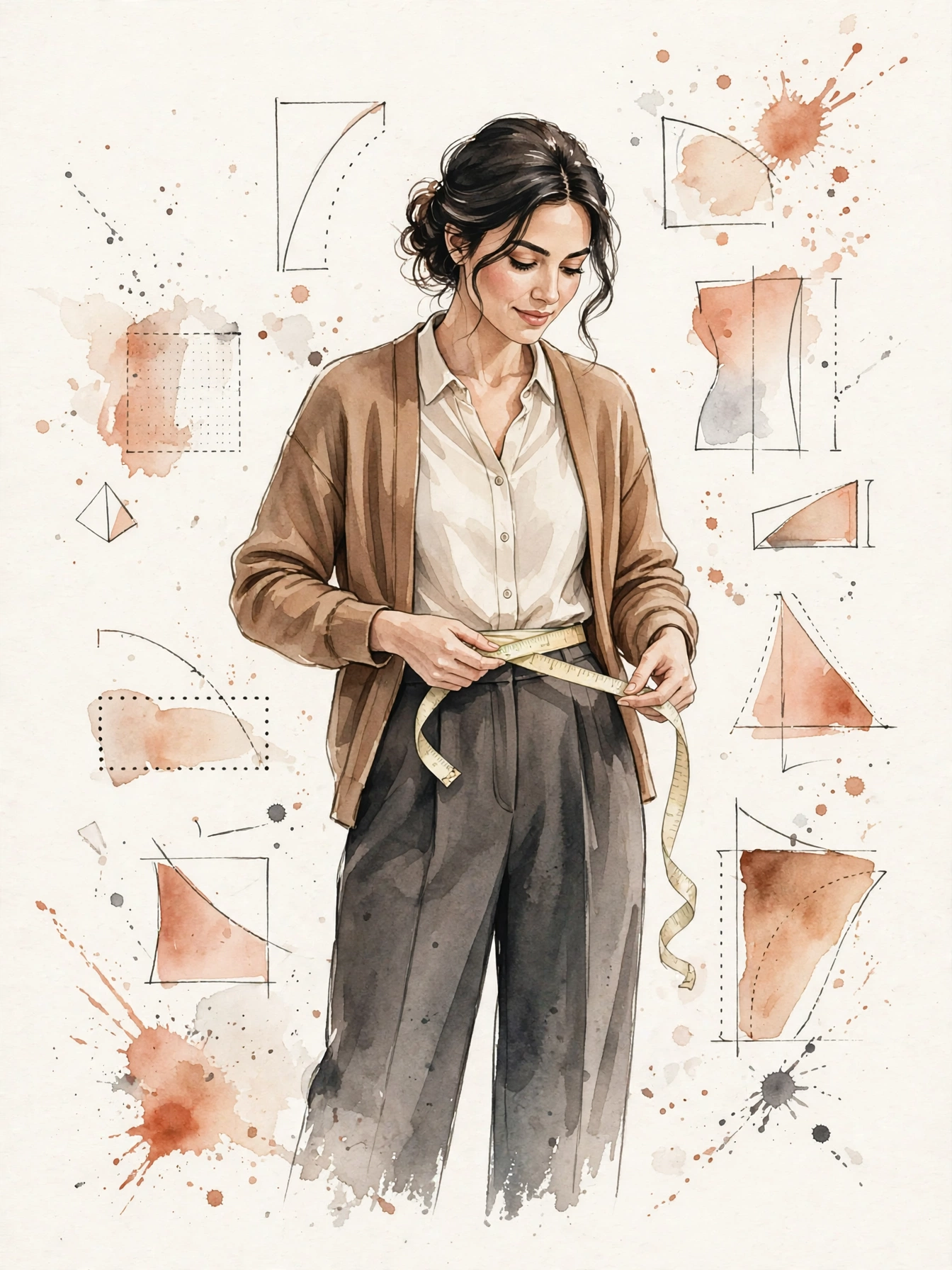Watercolor illustration of a woman measuring herself with a tape measure.