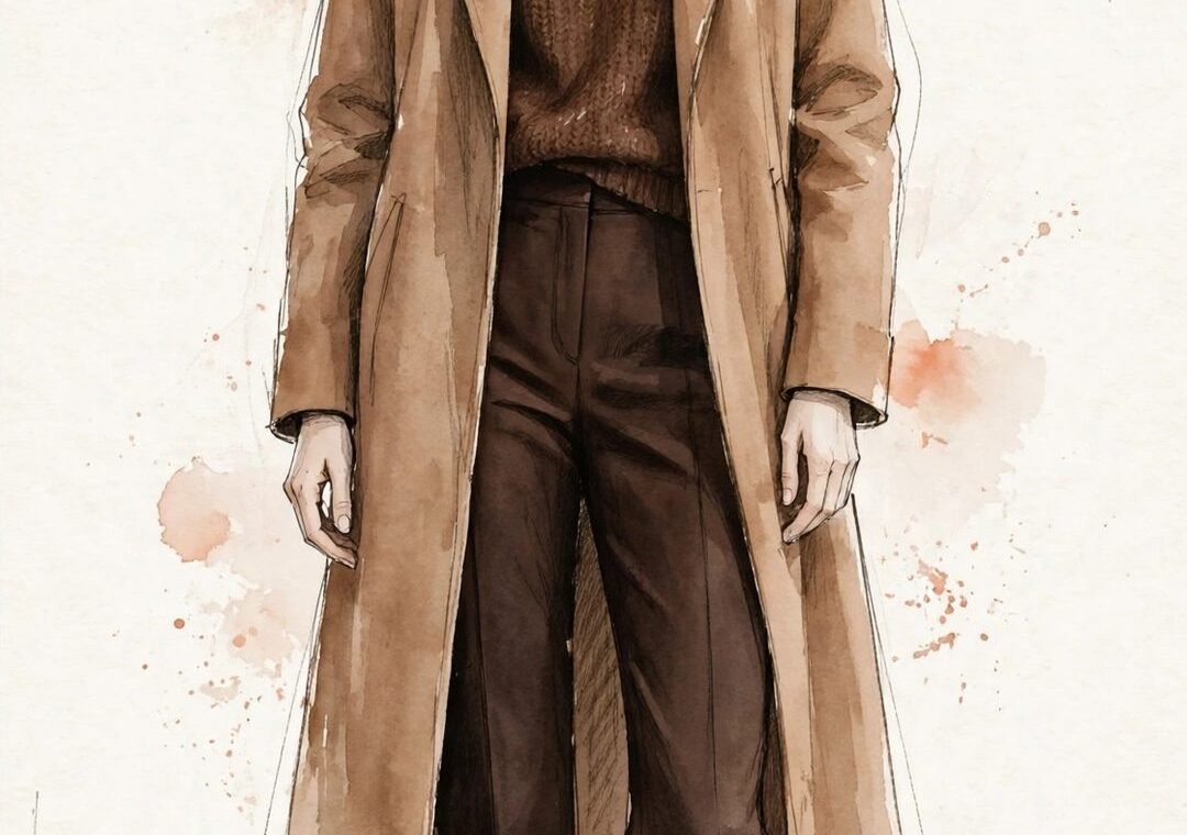 Watercolor illustration of a woman in a tonal brown outfit — camel coat, chocolate knit sweater, and espresso trousers — showing the brown family's range.
