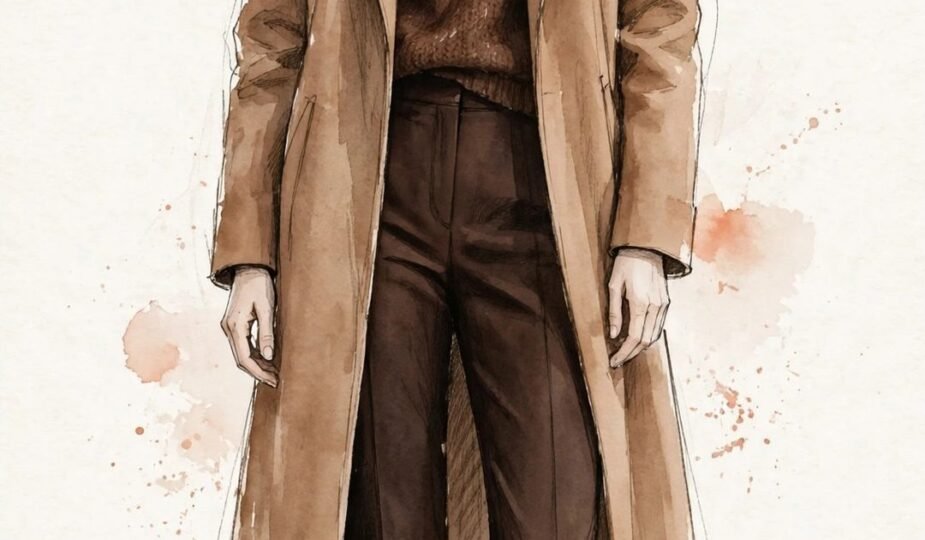 Watercolor illustration of a woman in a tonal brown outfit — camel coat, chocolate knit sweater, and espresso trousers — showing the brown family's range.