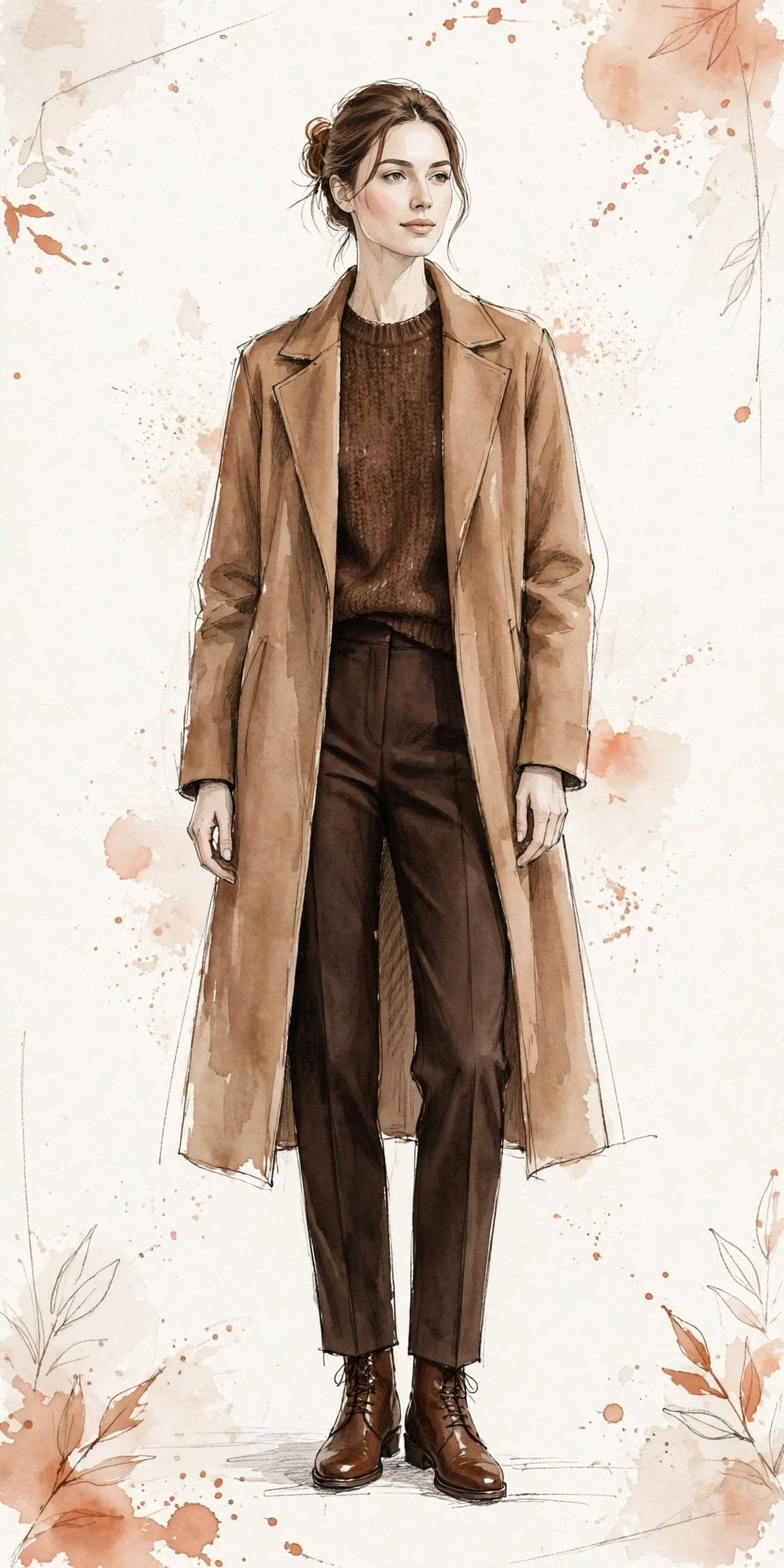 Watercolor illustration of a woman in a tonal brown outfit — camel coat, chocolate knit sweater, and espresso trousers — showing the brown family's range.