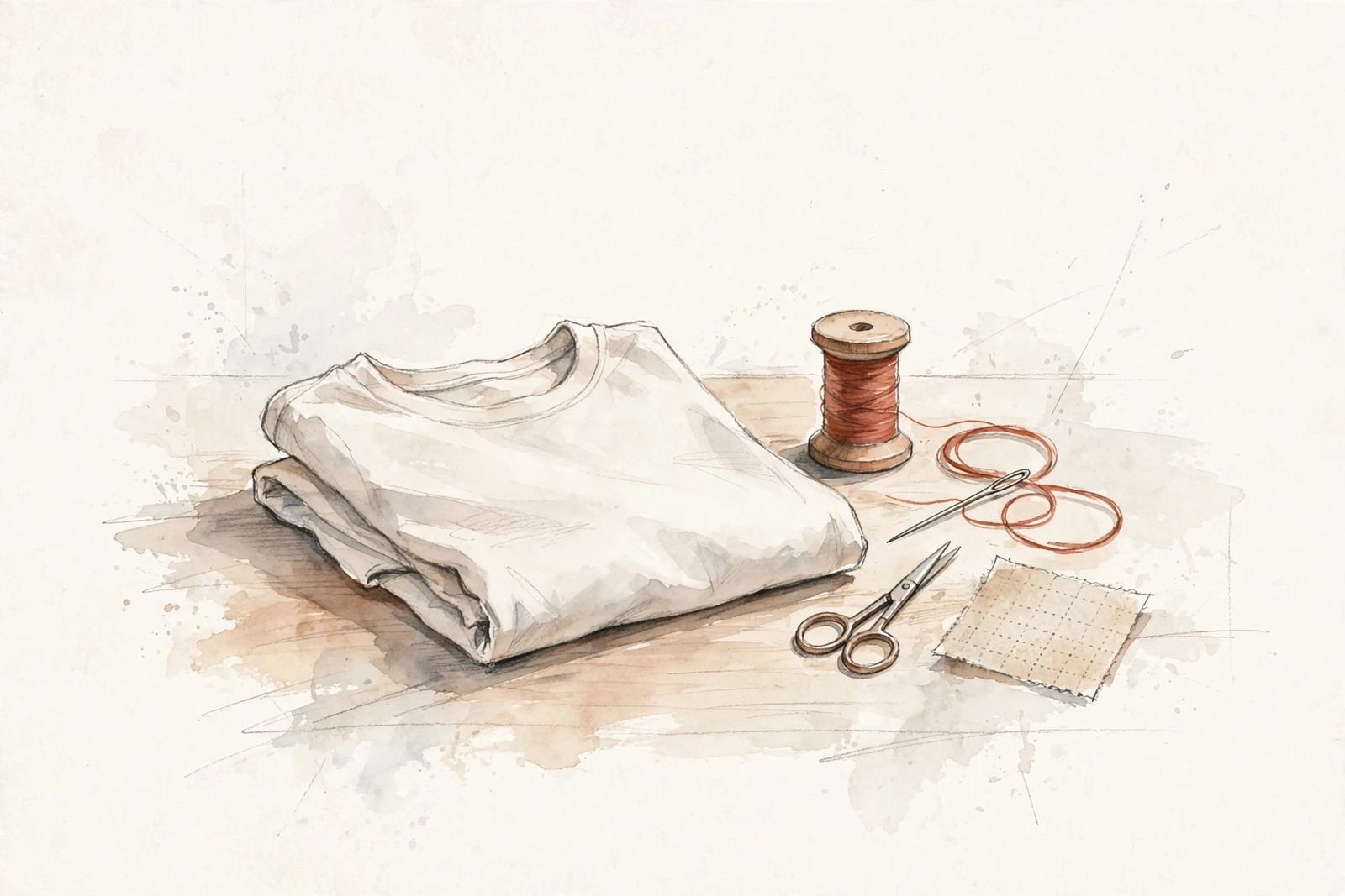 Watercolor illustration of a folded T-shirt with a needle, a spool of terracotta thread, small scissors and a square of fusible interfacing.
