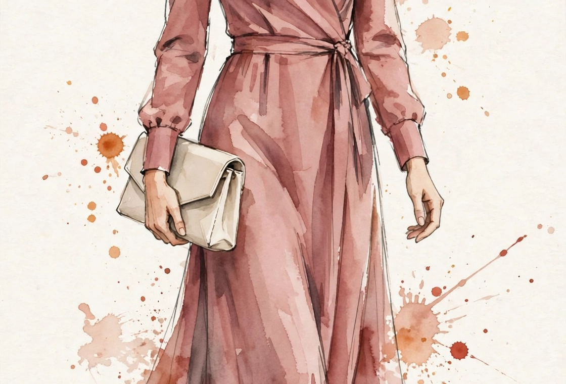 Watercolor illustration of a woman arriving as a wedding guest in a dusty rose dress.