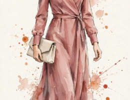 Watercolor illustration of a woman arriving as a wedding guest in a dusty rose dress.
