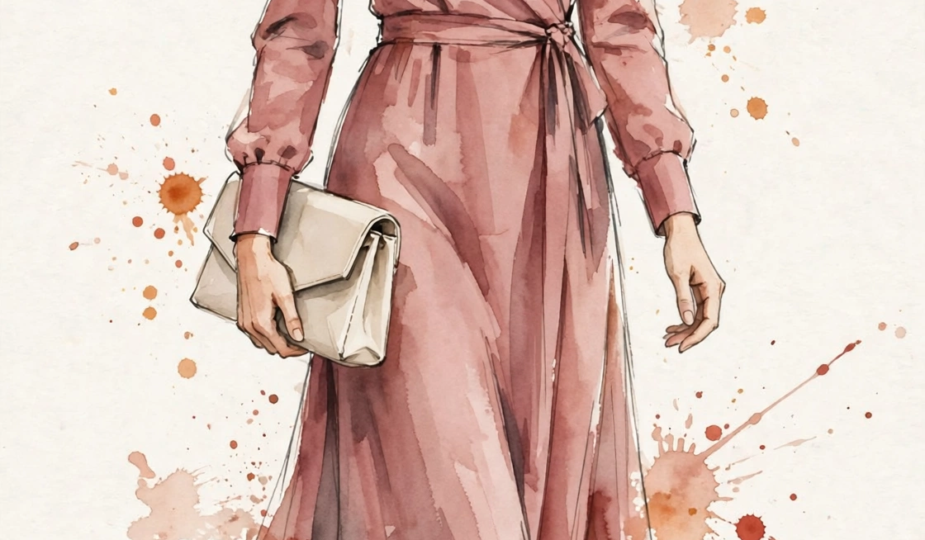 Watercolor illustration of a woman arriving as a wedding guest in a dusty rose dress.