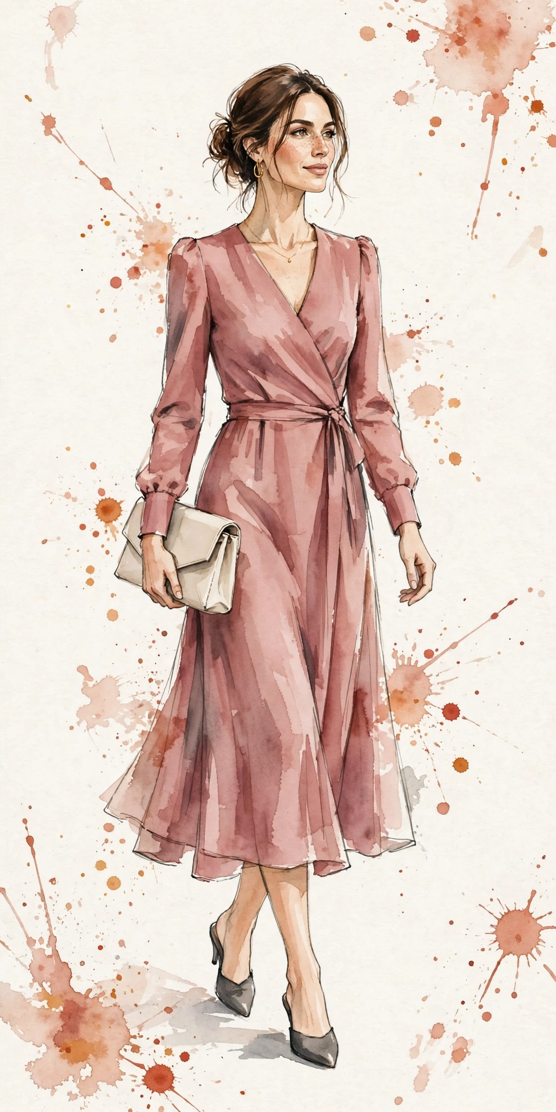 Watercolor illustration of a woman arriving as a wedding guest in a dusty rose dress.