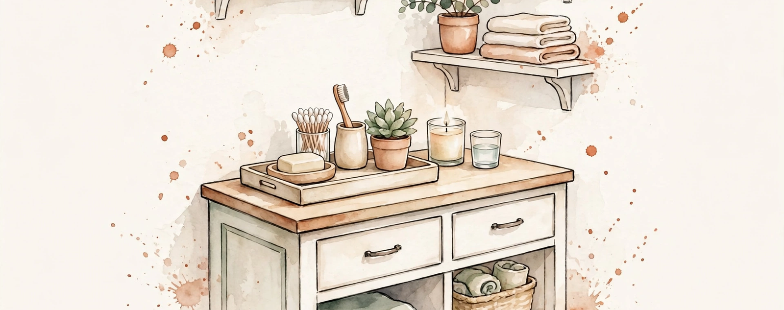 Watercolor illustration of a small, calm, organized bathroom vanity.