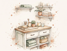 Watercolor illustration of a small, calm, organized bathroom vanity.