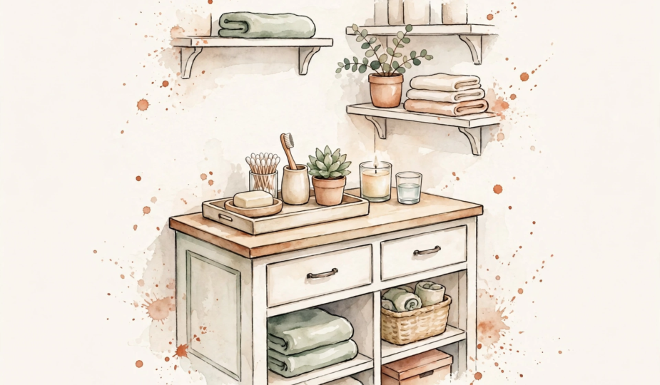 Watercolor illustration of a small, calm, organized bathroom vanity.