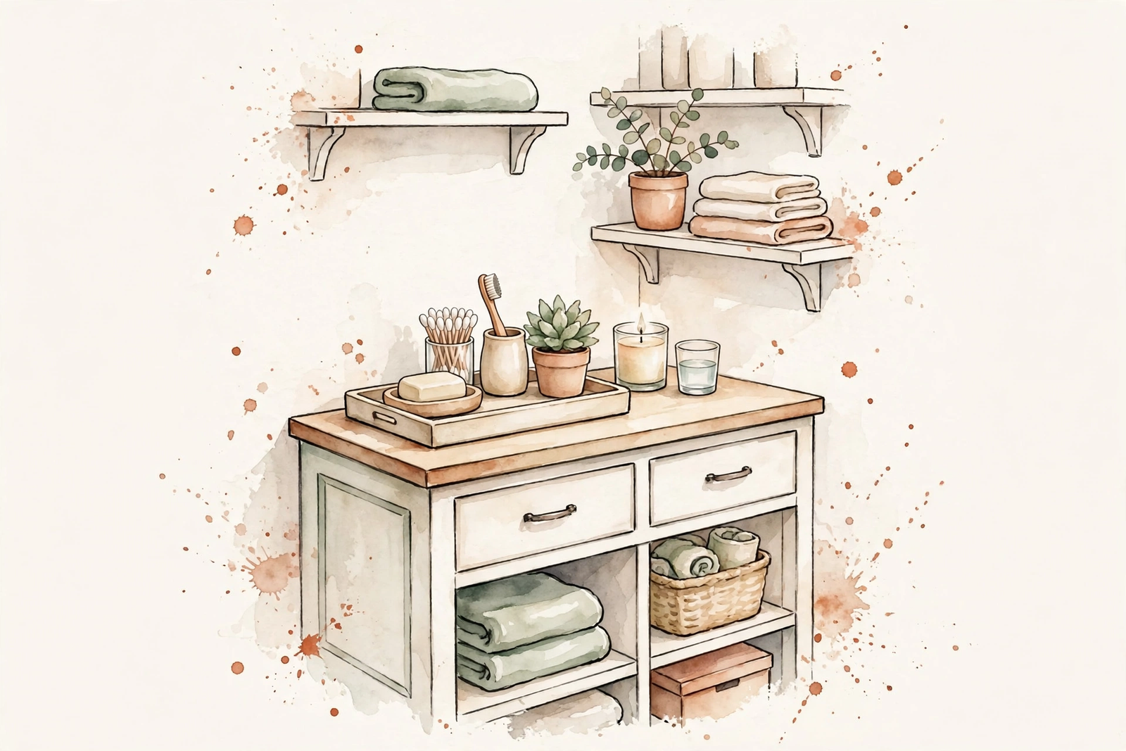 Watercolor illustration of a small, calm, organized bathroom vanity.