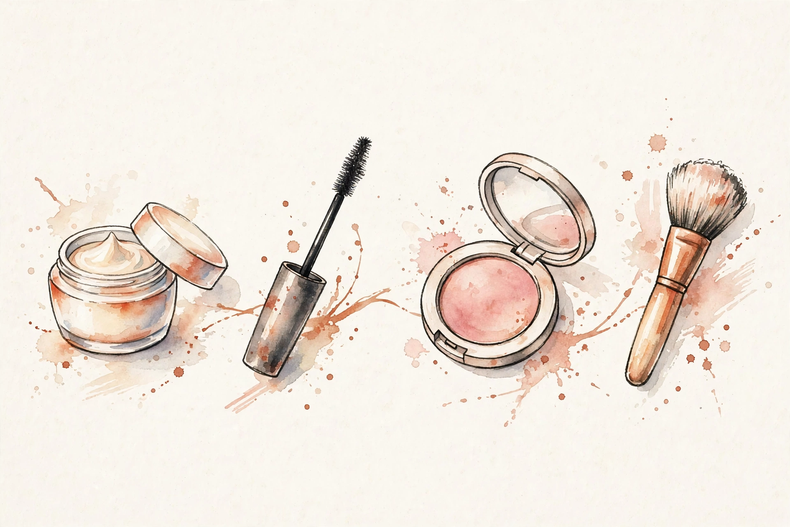 Watercolor illustration of four beauty tools in sequence.