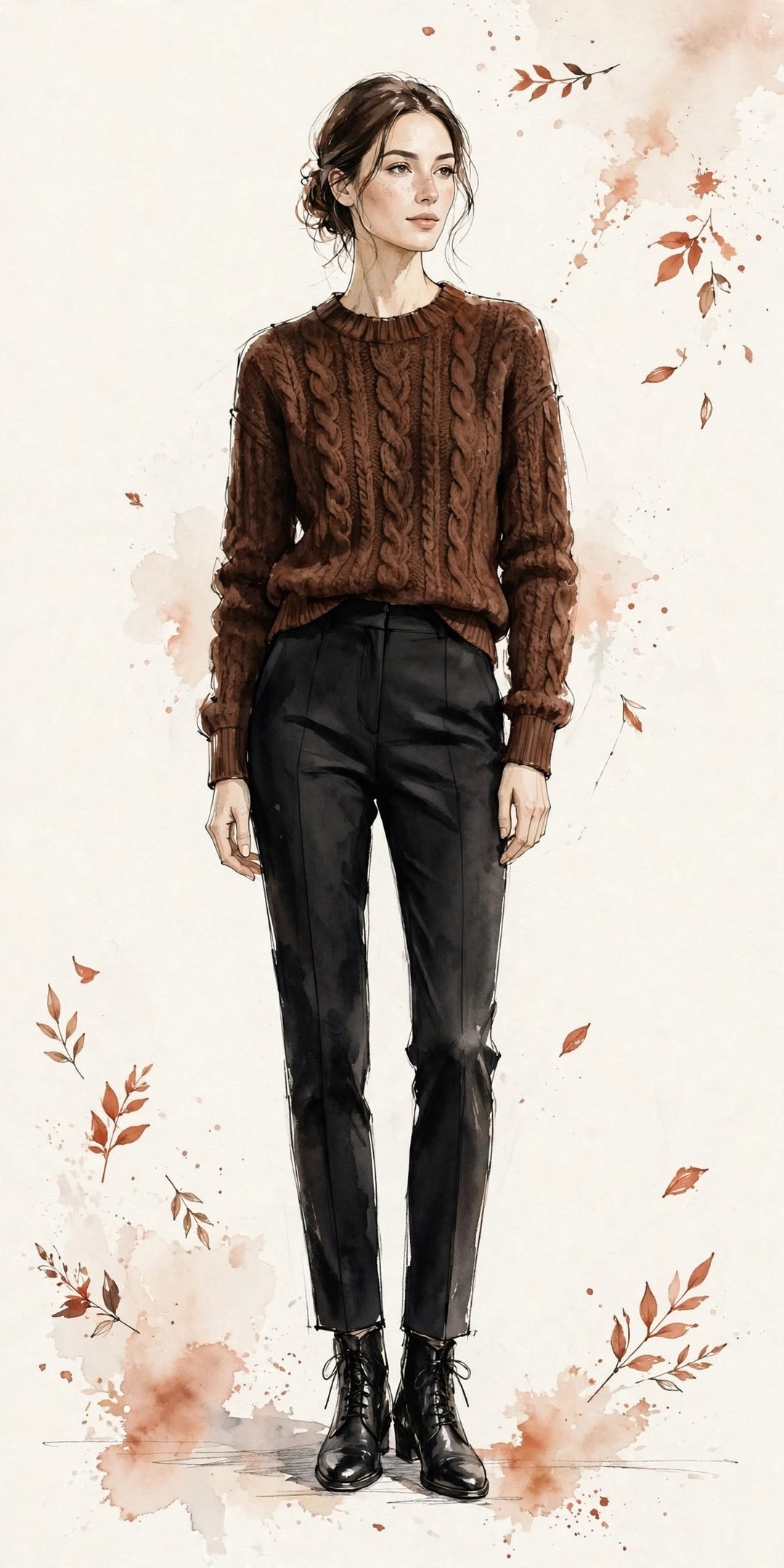 Watercolor illustration of a woman wearing a chocolate-brown cable-knit sweater with black trousers and black boots.