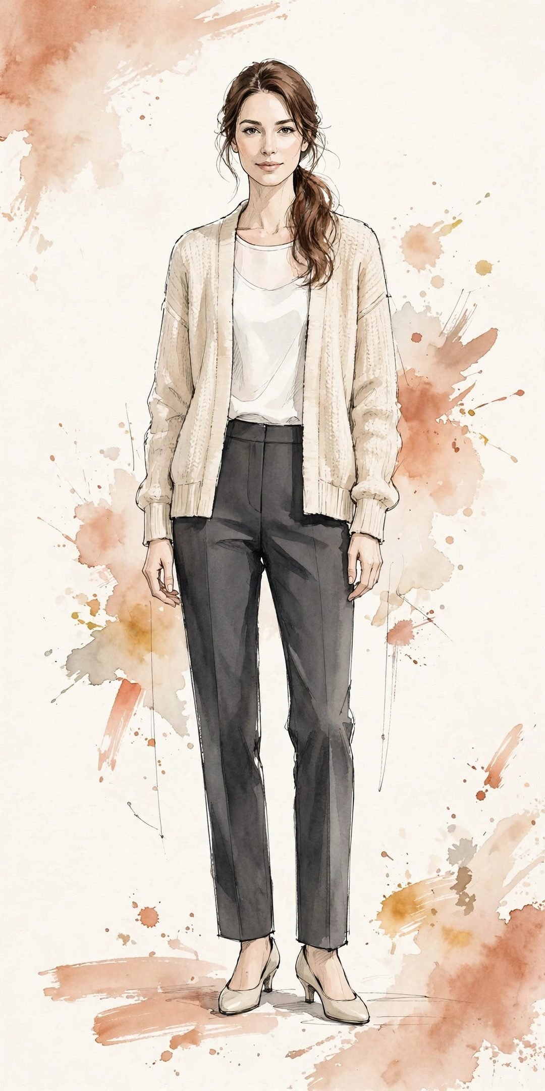 Watercolor illustration of the same charcoal trousers and white top worn with a cream cardigan and heeled pumps — one visible change from the anchor formula.