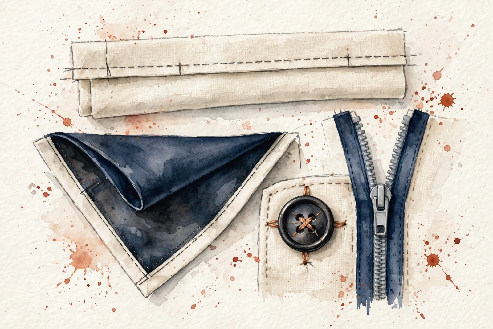 Watercolor study of seam, lining, button, and zipper details.